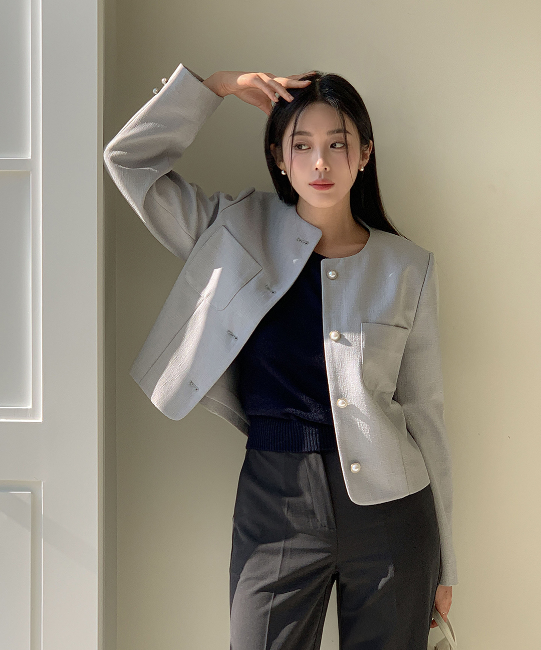 オケージョン】[original/S-L]ノーカラーツイードジャケット