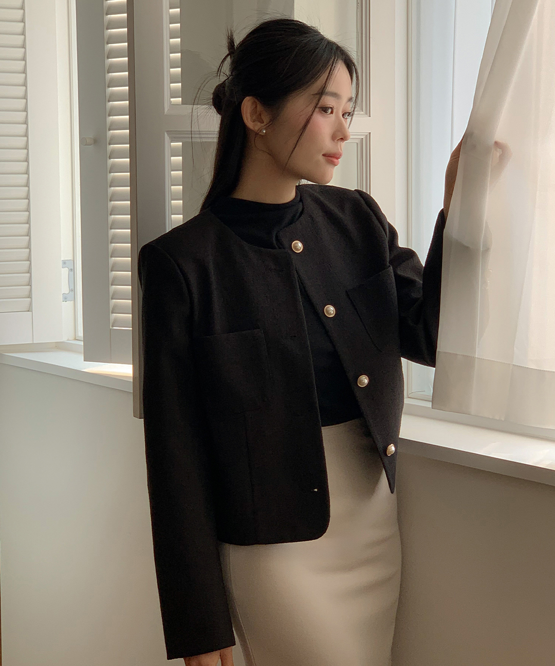 オケージョン】[original/S-L]ノーカラーツイードジャケット