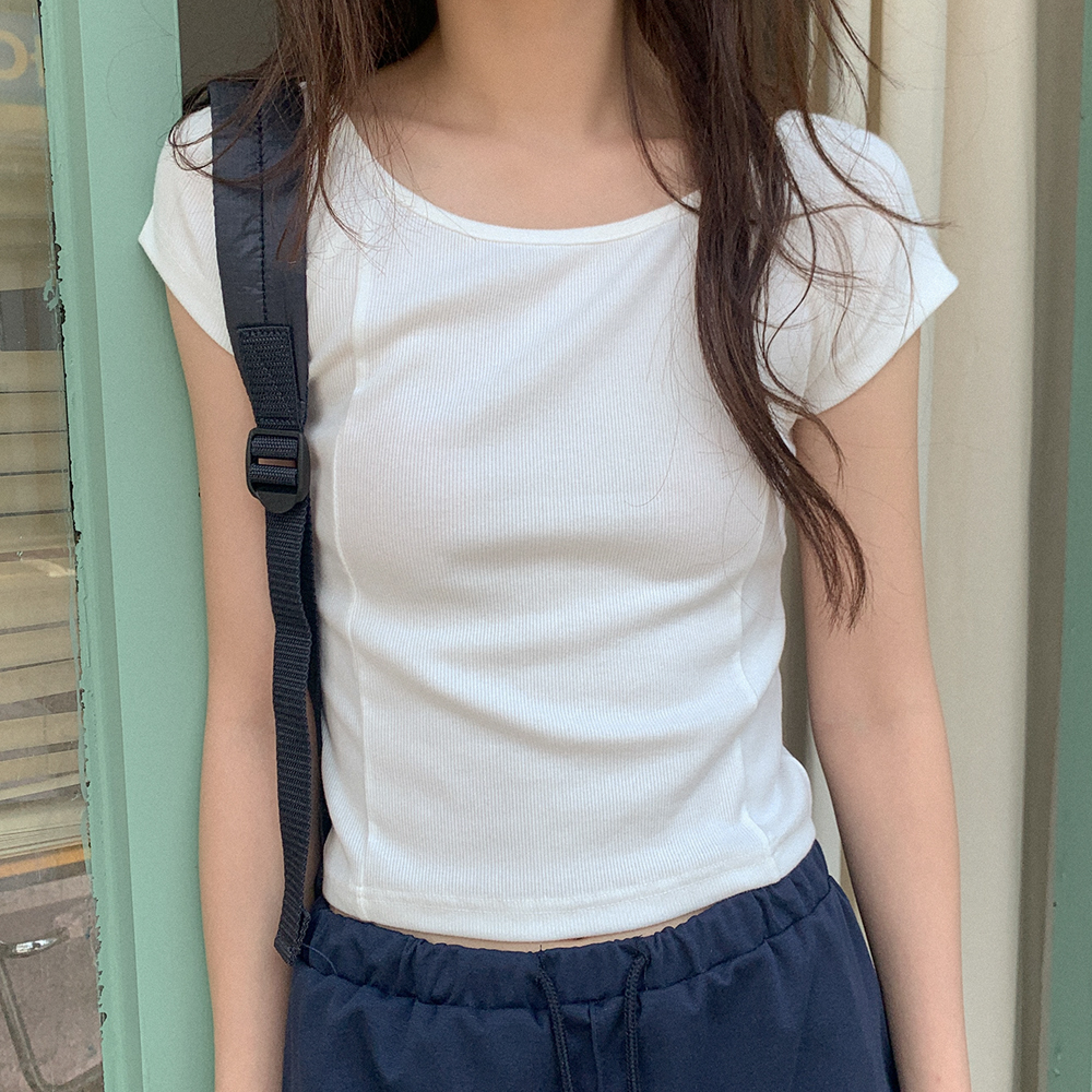 リブクロップドユーネクTシャツ