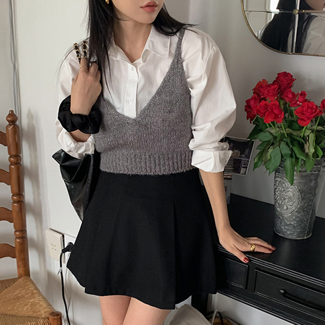 chuu ベスト➕レイヤードシャツセット(ブラック) 3color] ストライプクロップシャツ&ニットベストセットアップ