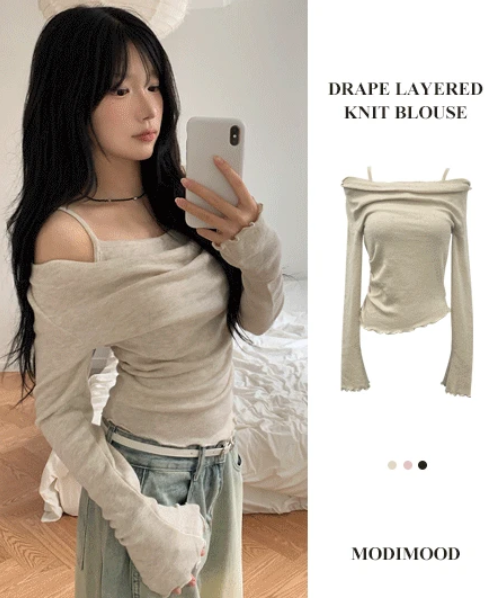 [3color]シャーリングドレープレイヤードニット