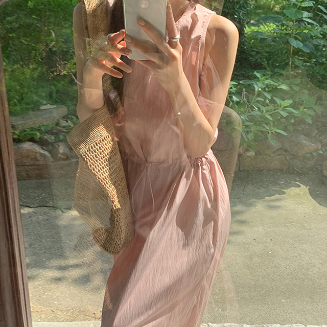 [original] ノースリーブストリングナイロンロングワンピース