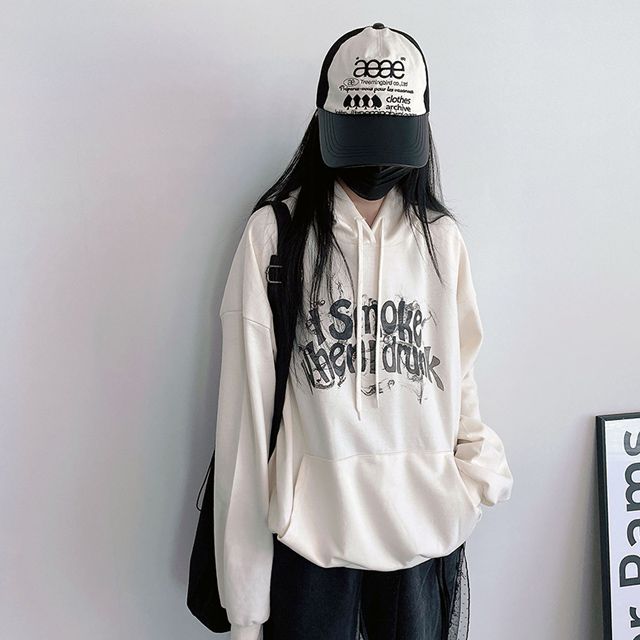 [ユニセックス] シャーリングレタリングオーバーサイズフード付きスウェット