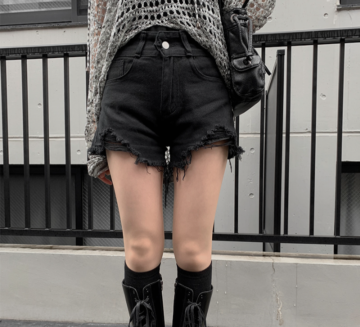 ハイウエストブラックダメージショートパンツ | ファッション