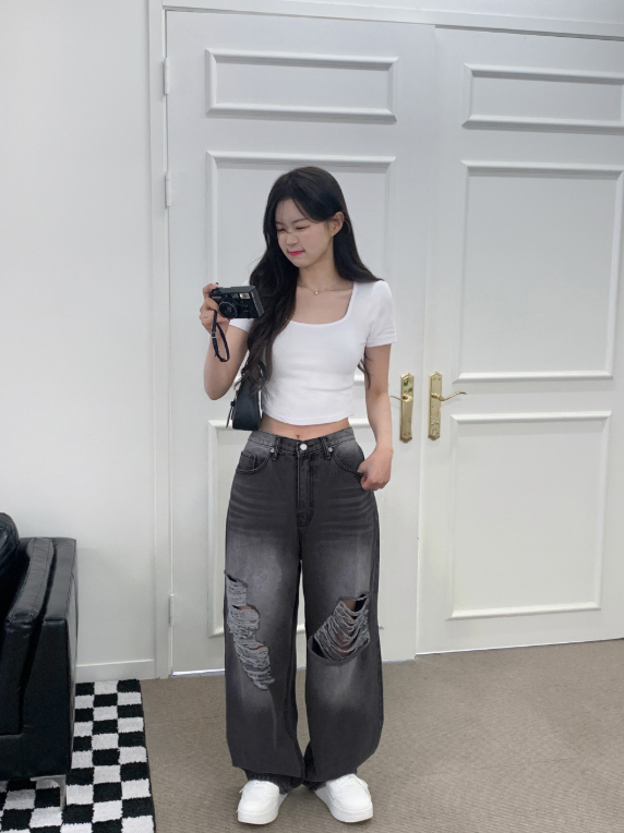 ウォッシュ ダメージ ワイド デニム ユニセックス 韓国 n874 ウォッシュ ダメージ ワイド デニム ユニセックス 韓国 n874