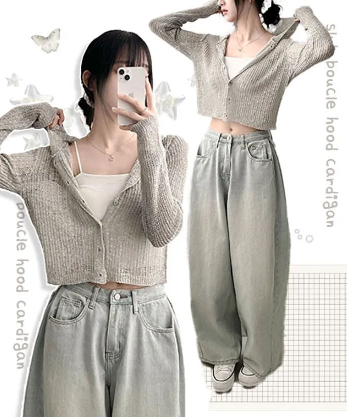 ブークレレイヤードフード付きクロップドニットカーディガン