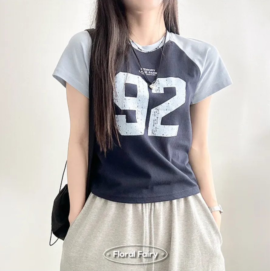デイリーバイカラーラグランセミクロップド半袖Tシャツ