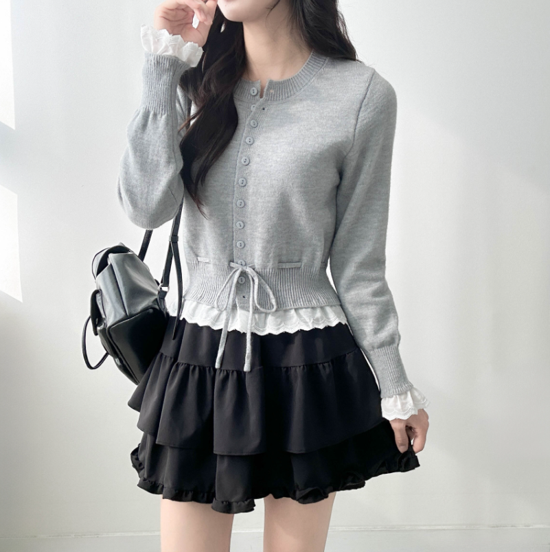 ストリングフリルレースレイヤードニットカーディガン