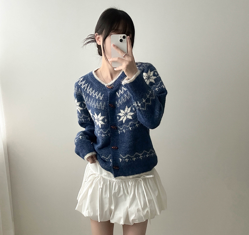 ノルディック雪柄ニットカーディガン