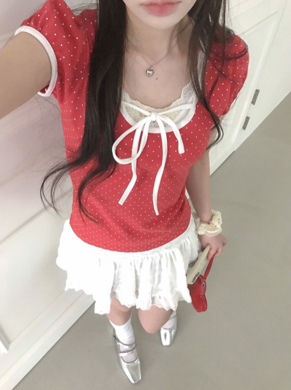 (4color)ドットリボンバイカラースリムフィットTシャツ