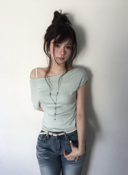ドレープアンバランスワンショルダー半袖Tシャツ
