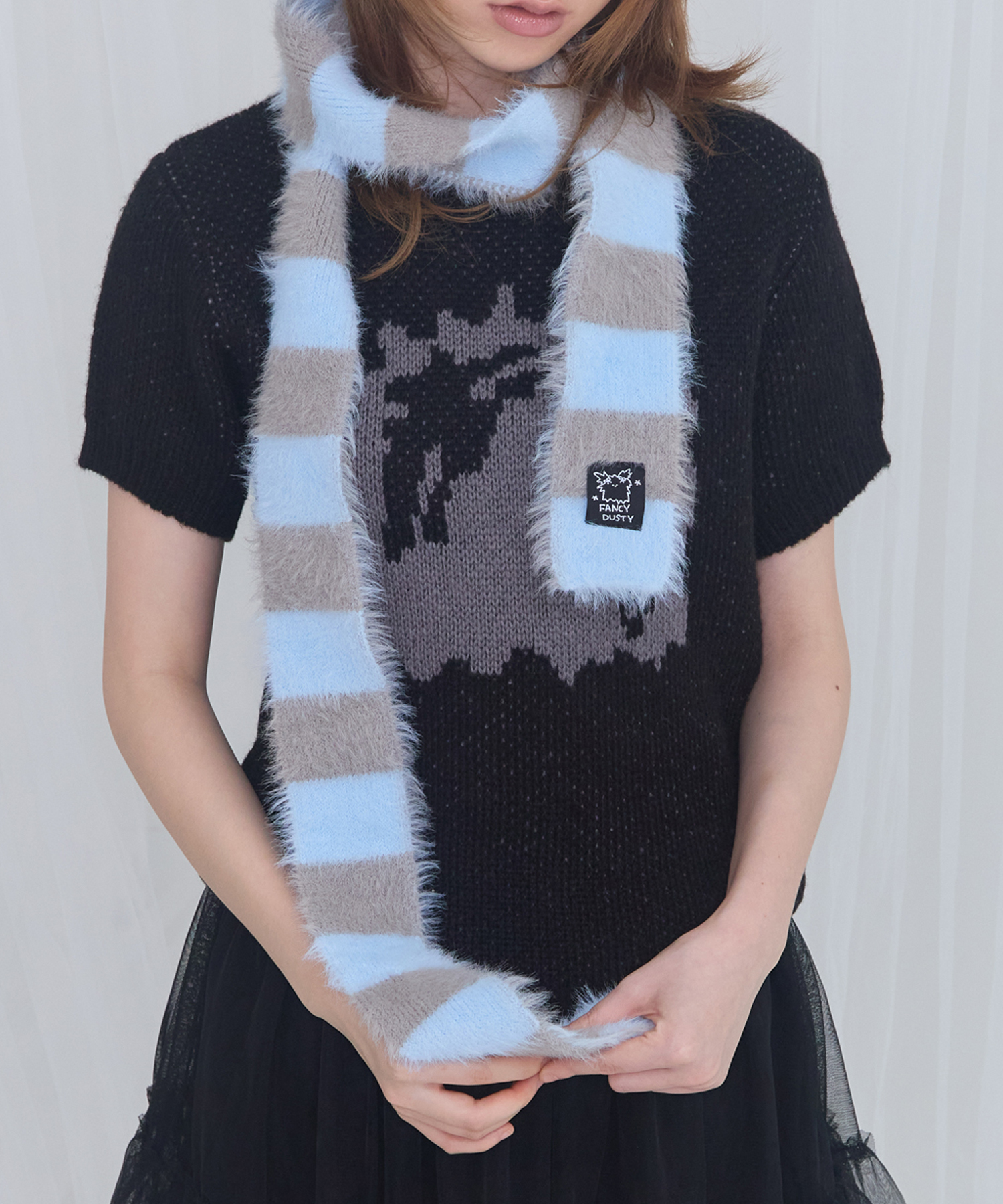 [FANCY X DUSTY] HUG STRIPE FUR MUFFLER (BLUE-GRAY) F25NM1010