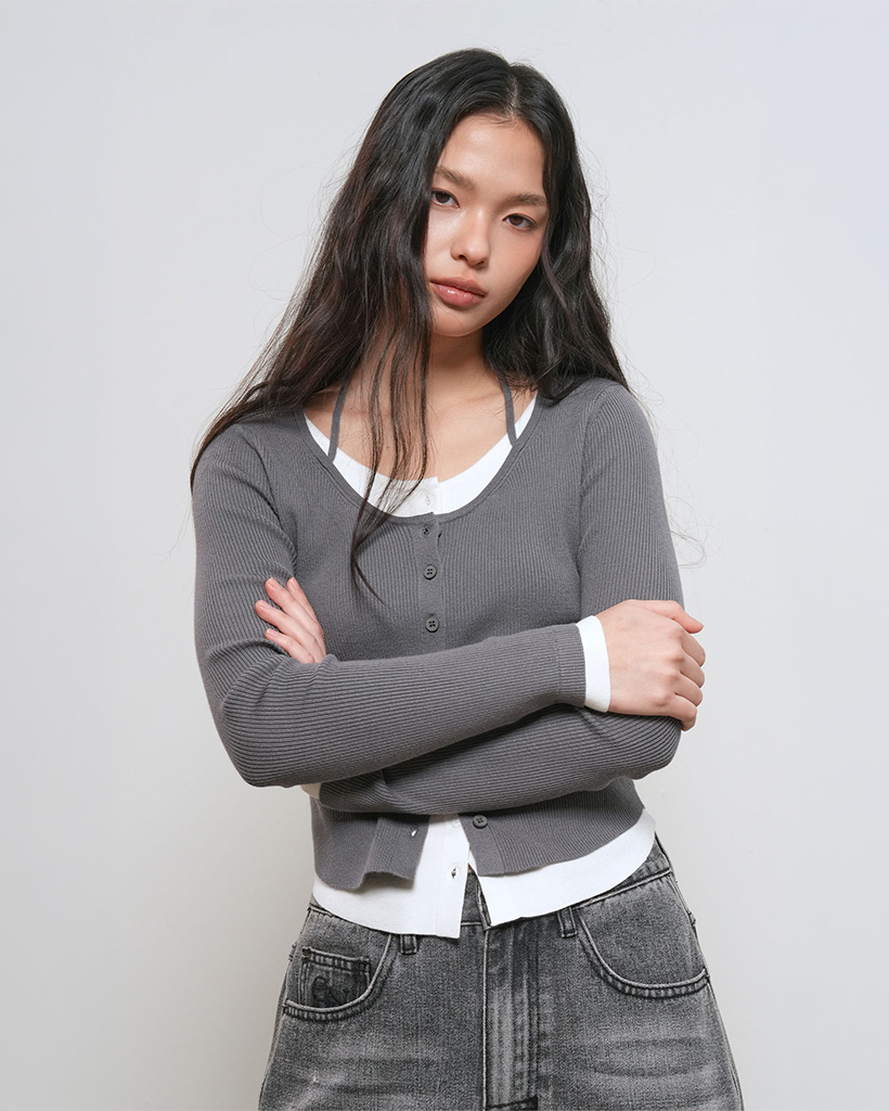 【限定商品】ストラップ付レイヤード風カーディガン