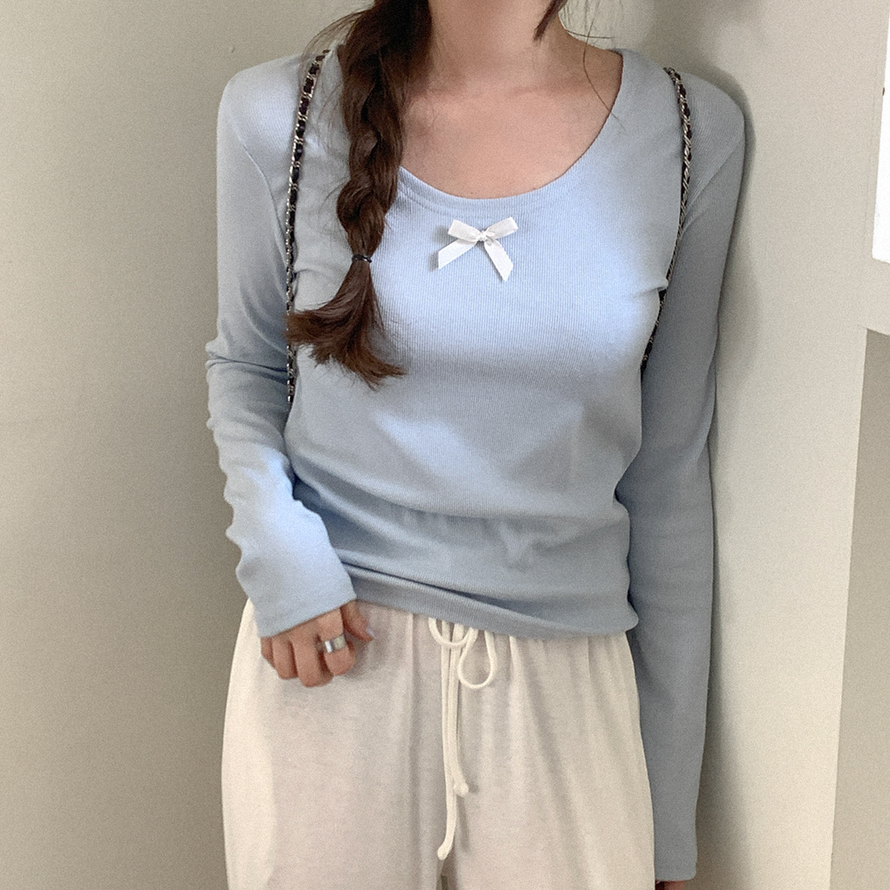 リブリボンUネックＴシャツ