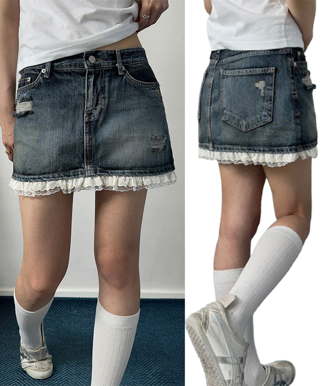 ウォッシュレースデニムミニスカート(2col) | ファッション通販