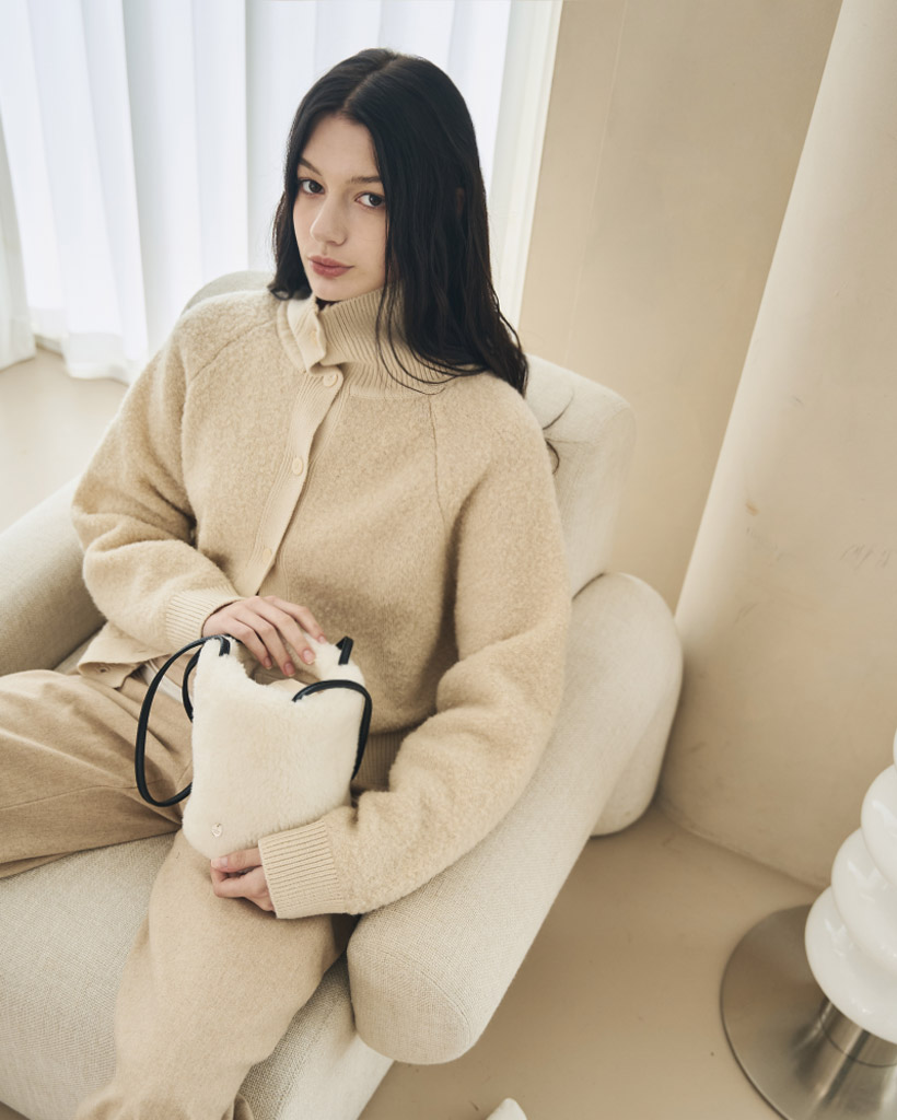 Bouclé High-Neck Button Jumper - Marron Cream