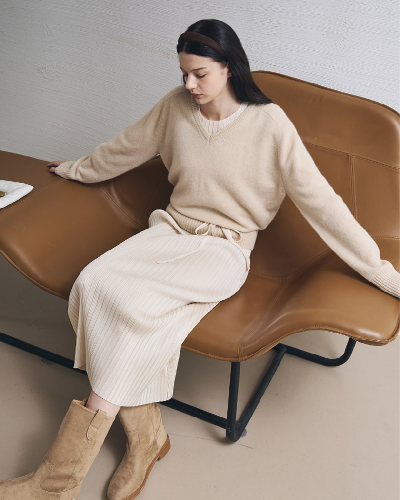 [PLEATS] Glow Matte Long Sleeve Dress - Vanilla