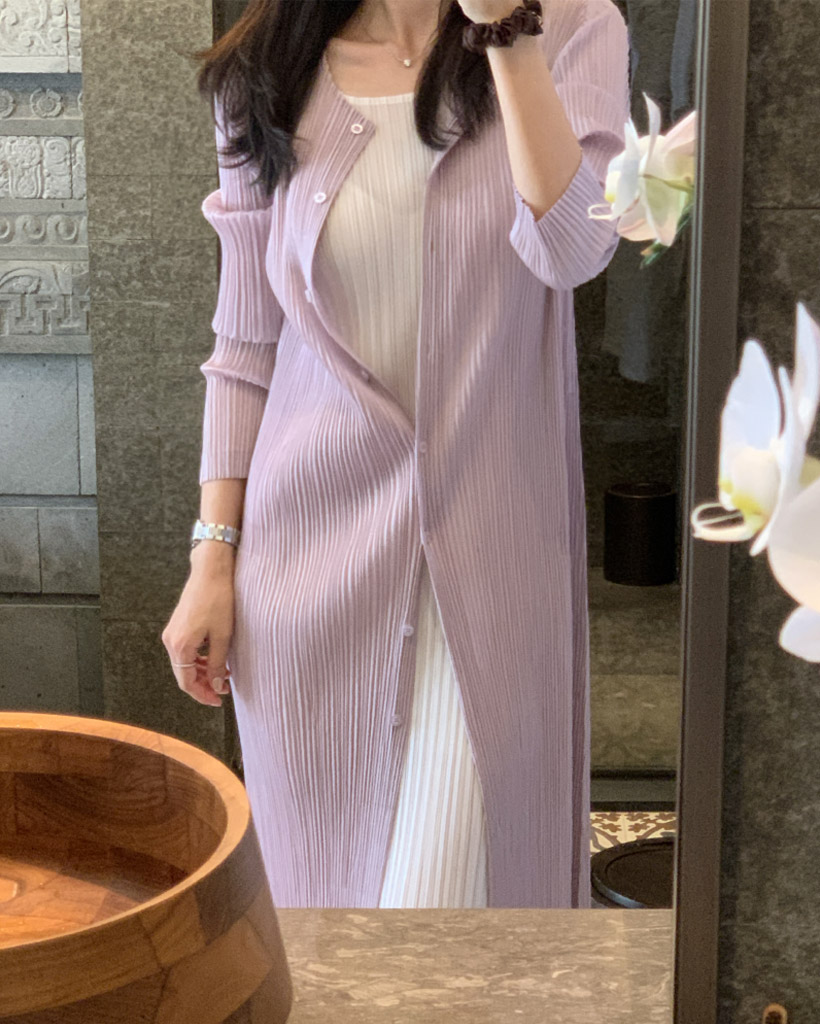 [PLEATS] Fluor Glow Button Round Long Cardigan - Taro Lavender
