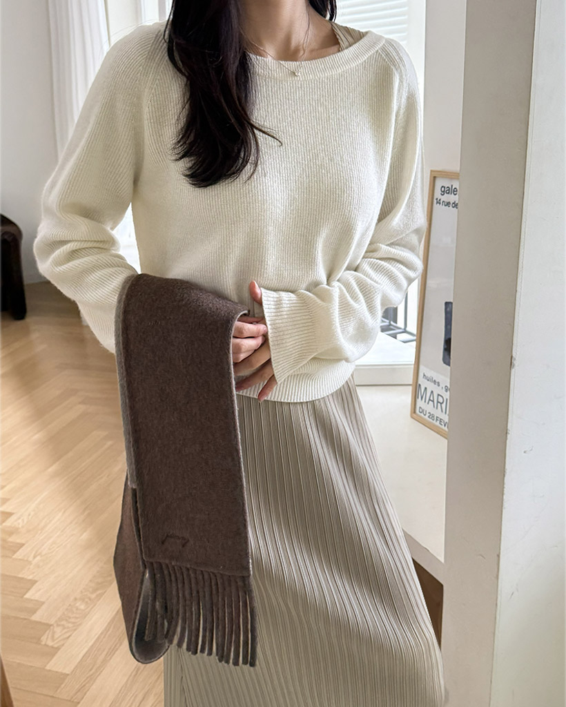 [PLEATS] Matte Long Sleeve Dress - Neutral Beige