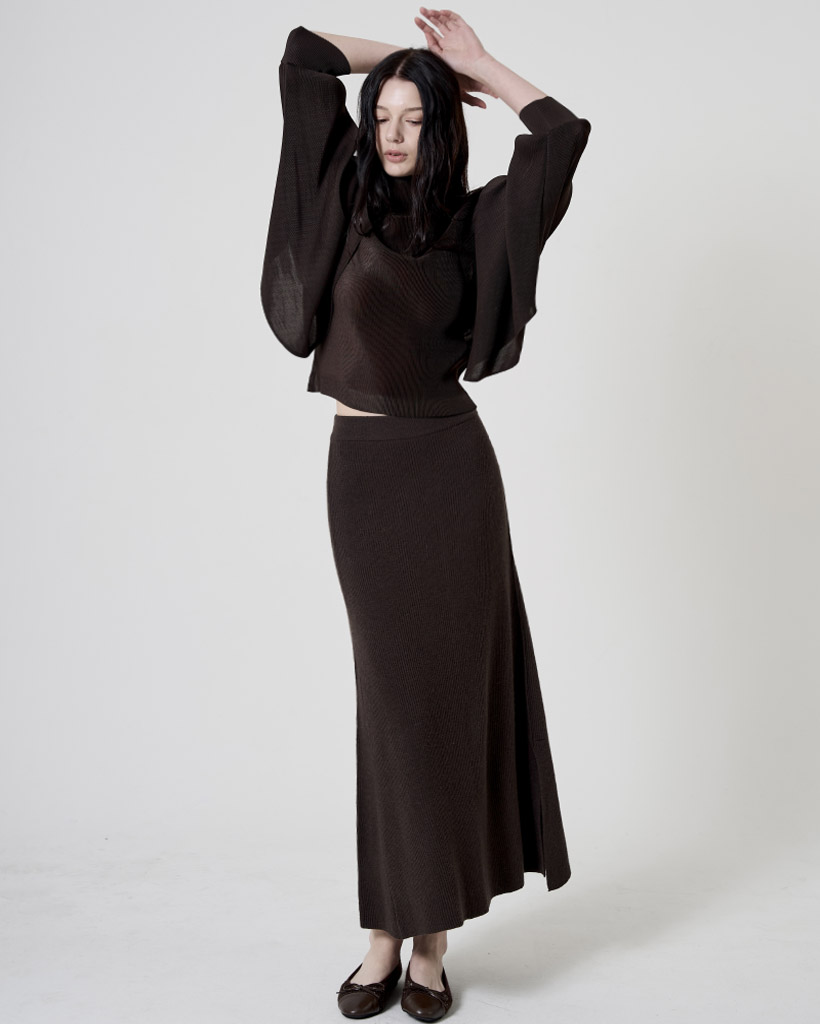 Cashmere Blend Semi-Flare Golji Banding Skirt - Brown