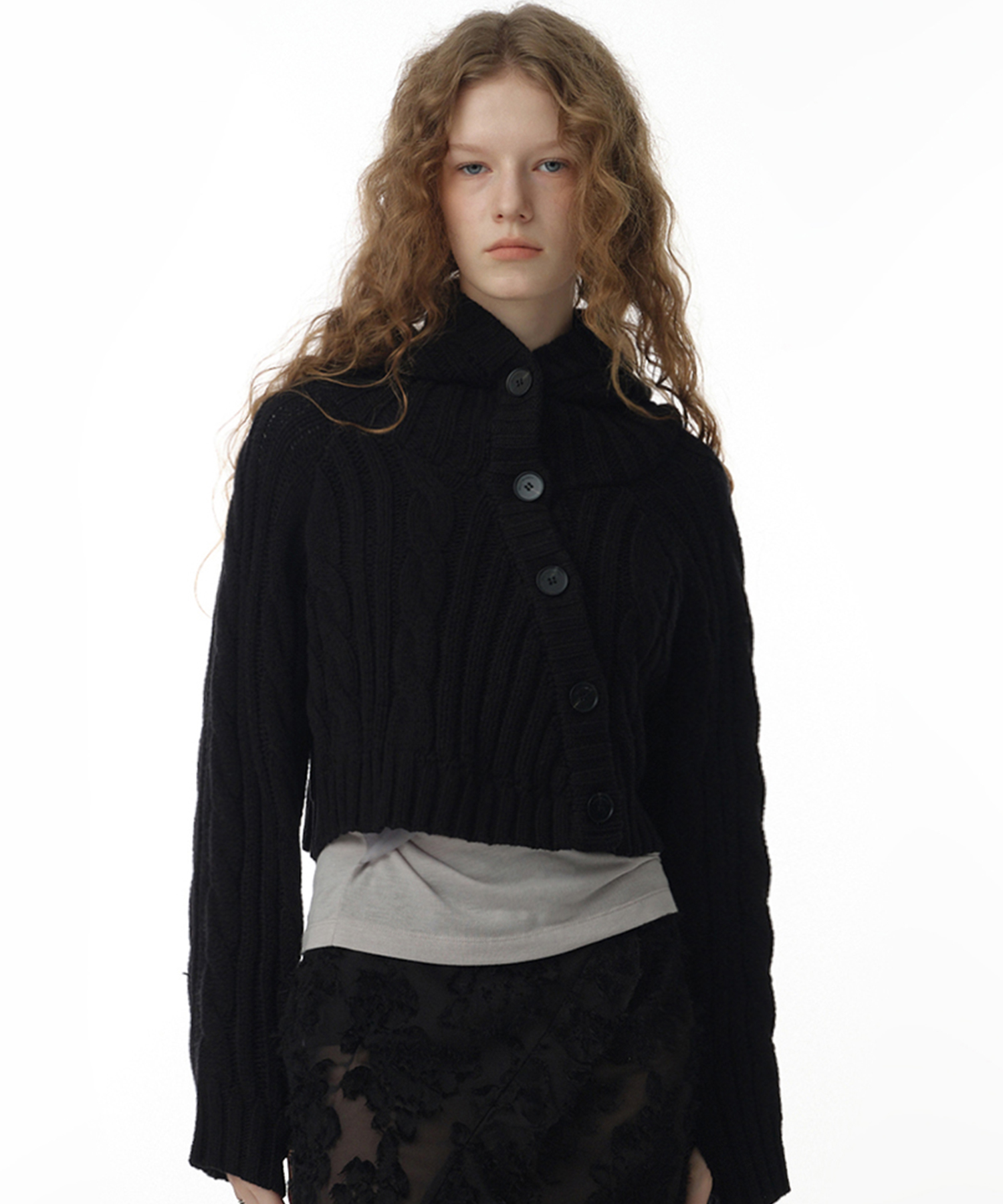 Button Hood Bolero Cardigan [Black]