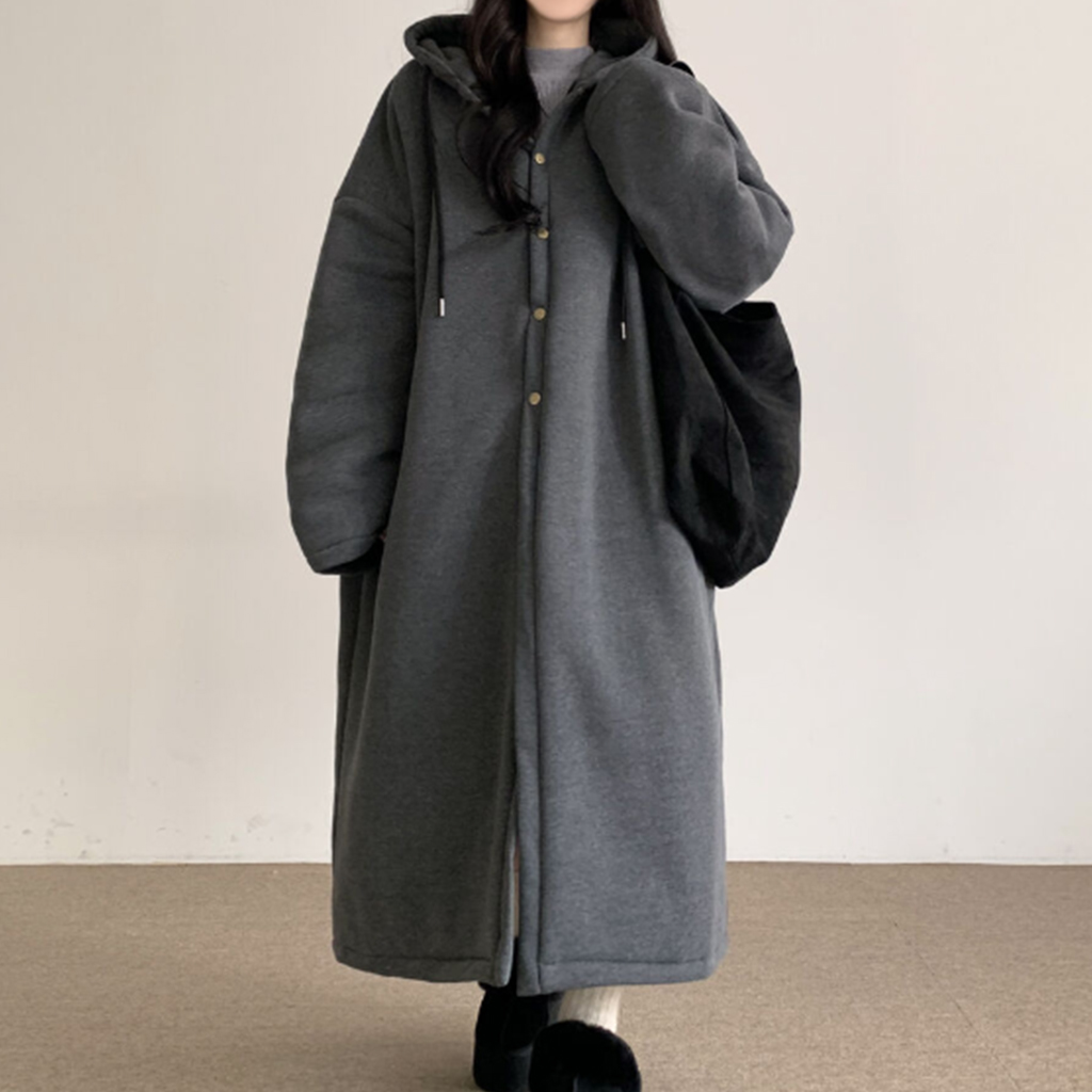 オーバーサイズ裏地キルティングフード付きロングジャケット