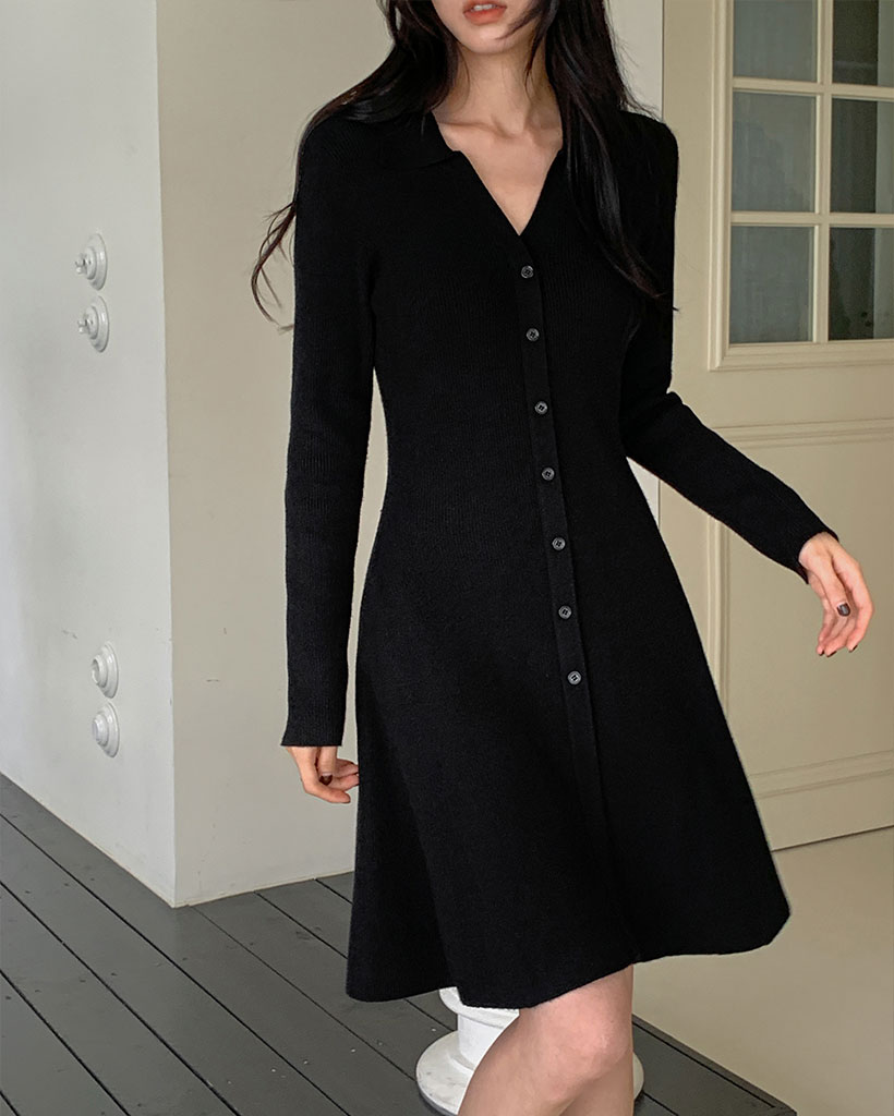 [made] Moist soft collar ribbed flare dress
