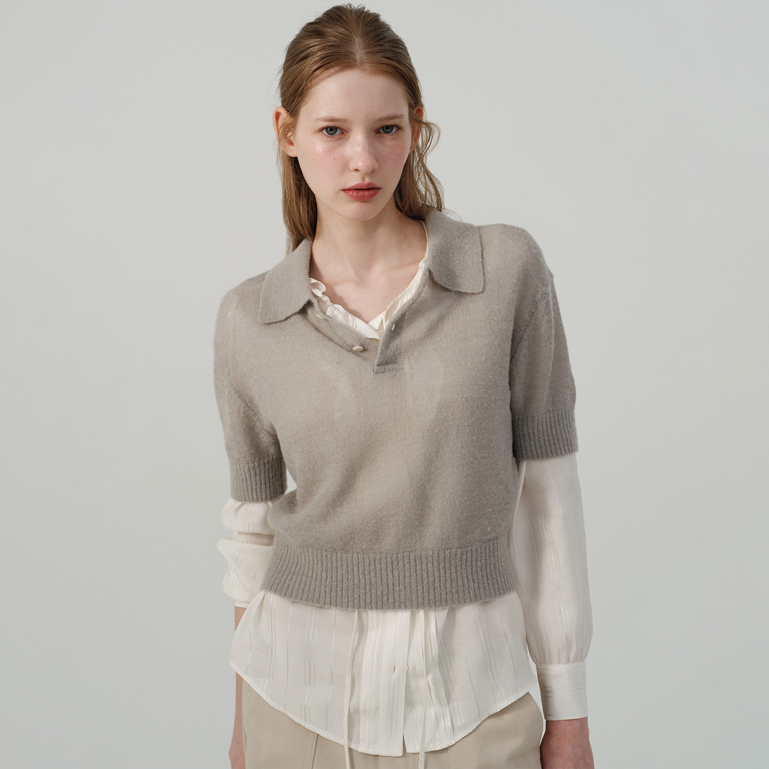 Grey Alpaca Knit Polo Shirt