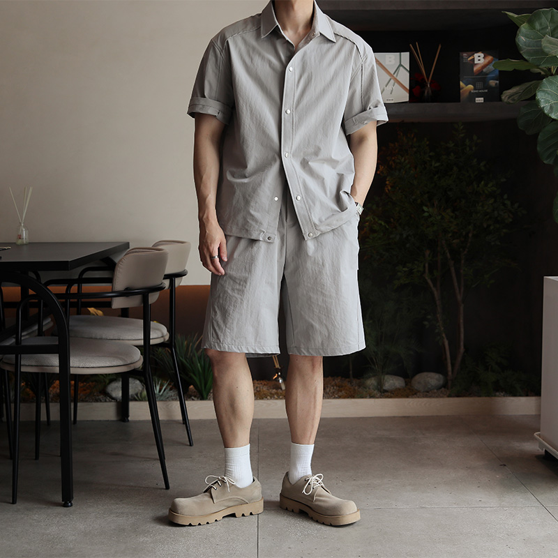 半袖シャツ／ハーフパンツ セットアップ リネン r-2552 30代メンズ必見】コットンリネン風セットアップ 半袖シャツ