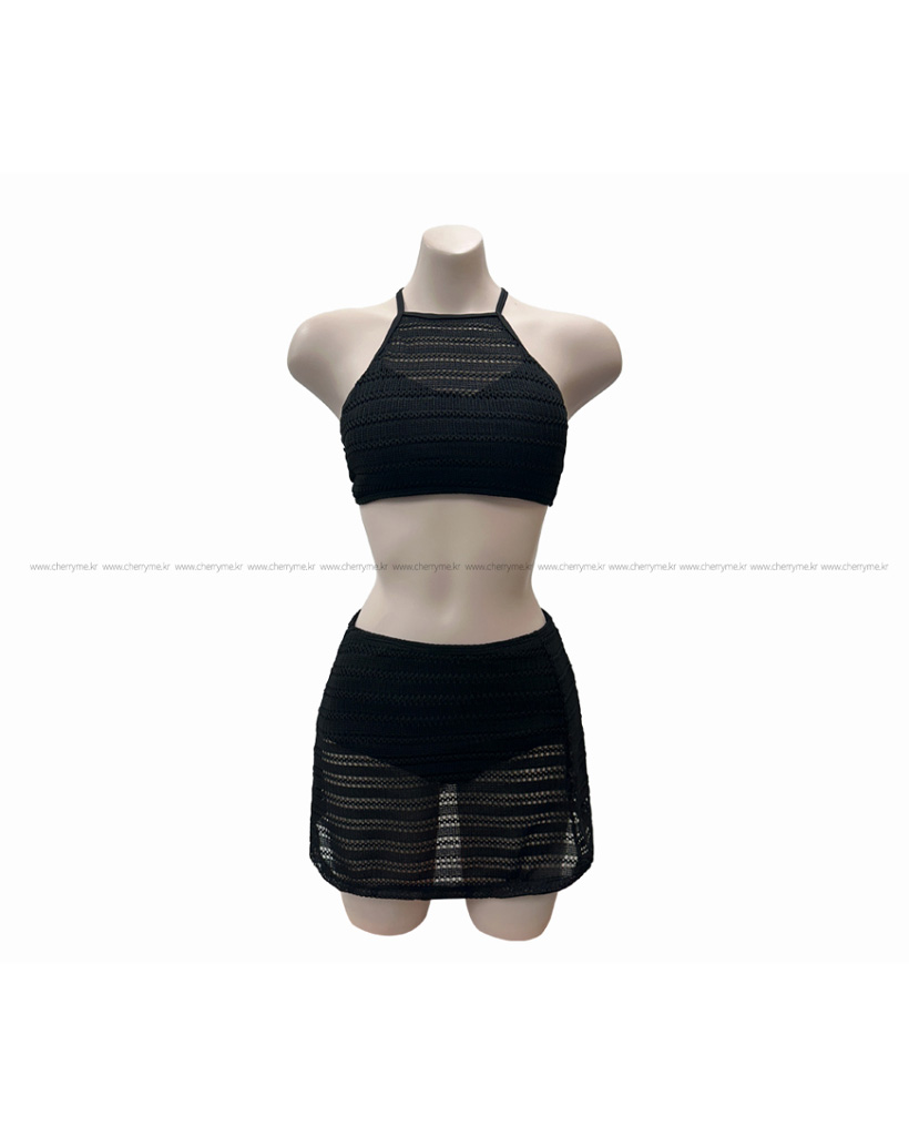 2ピース]ホルターネックシースルーニットハイウエストビキニ