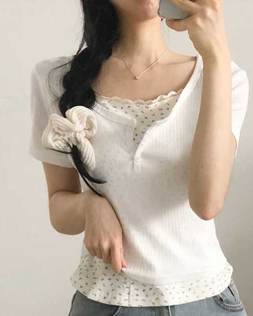 フラワーレースレイヤード半袖Tシャツ