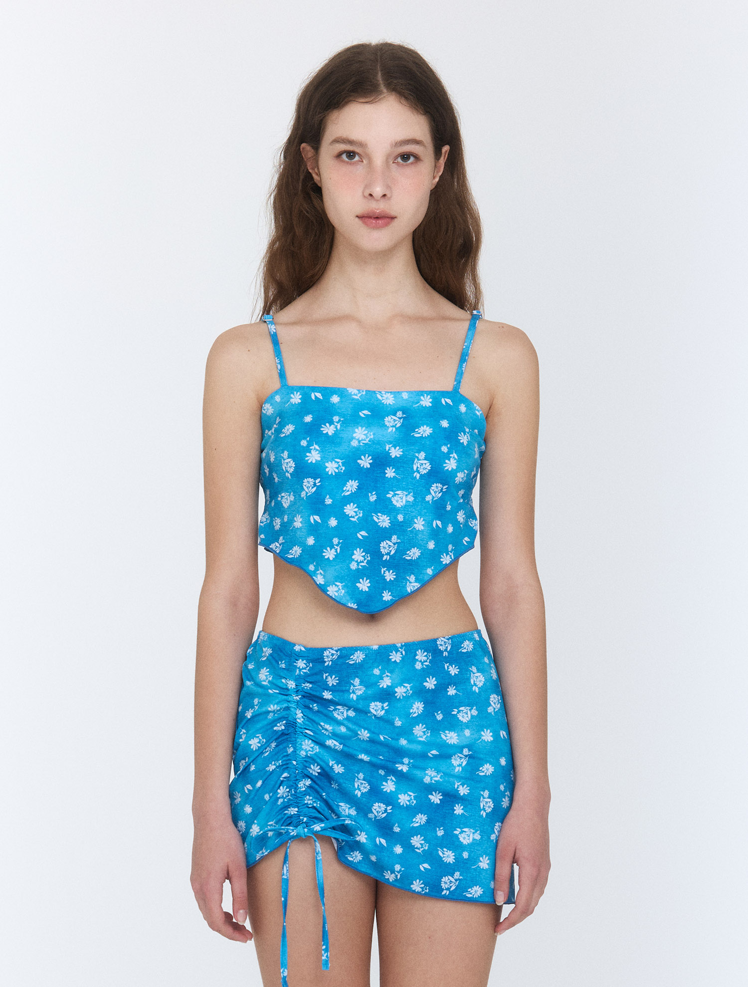 Shirring Cover Up Skirt [Floral Denim Dress]