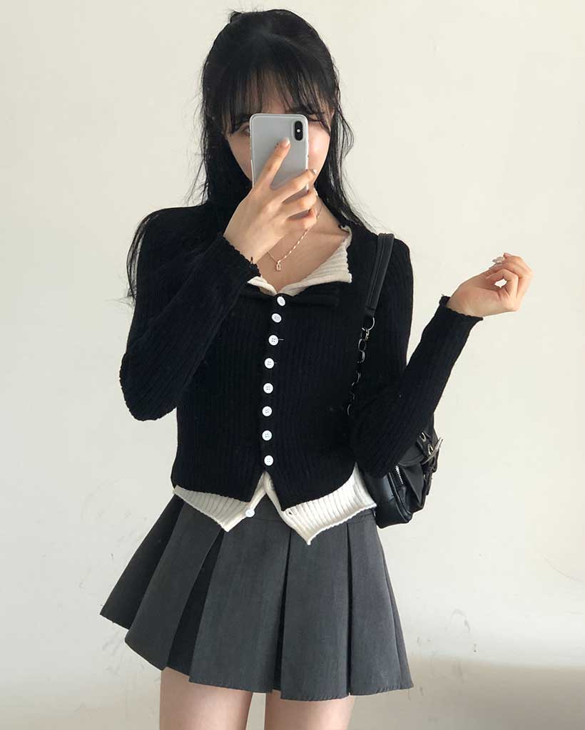 バイカラーレイヤードボタンカーディガン | ファッション通販