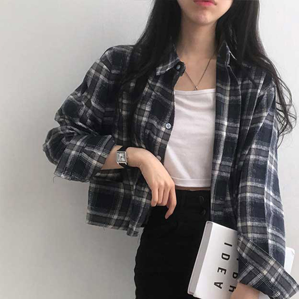 ポケットクロップドチェックシャツブラウス