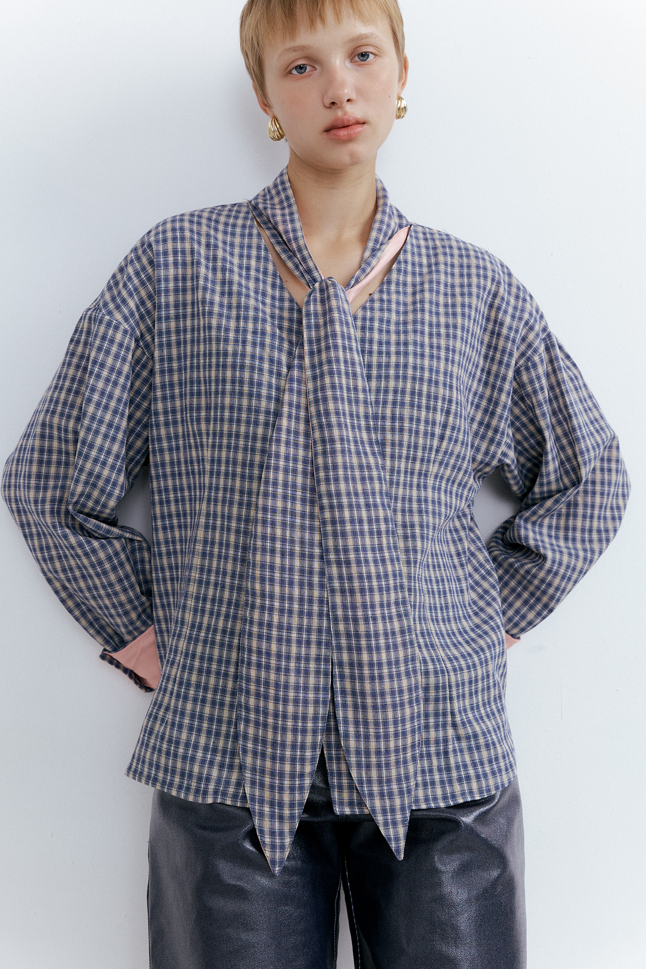 Heritage Check Tie Blouse_Faded Navy