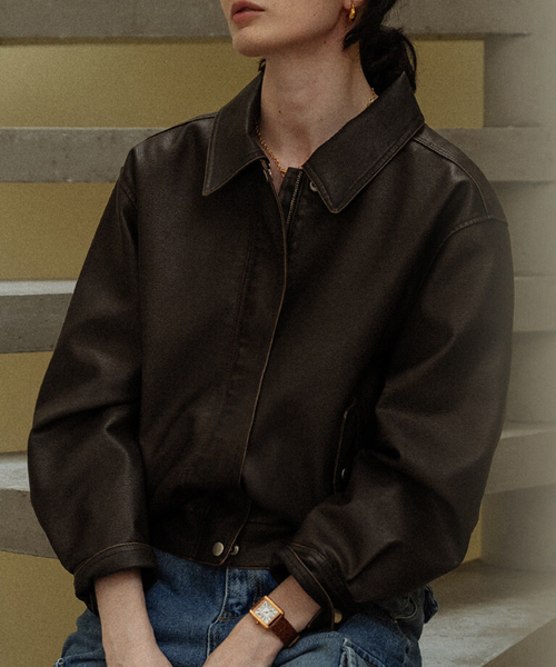 Natural crack leather blouson_Brown