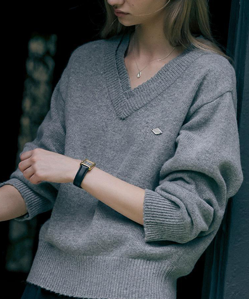 Double rib v-neck wool blended knit_Gray