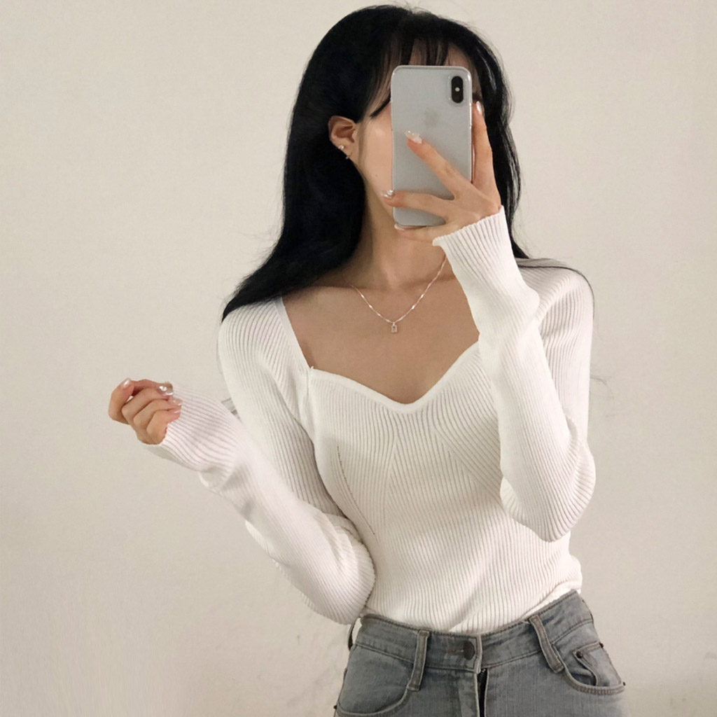 ベーシックハートネックリブニット