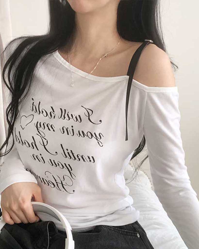 【洗練】BLACKUP『アンバランスシャーリング長袖Tシャツ』 y2kシャーリングアンバランスプリント長袖Tシャツ(3color