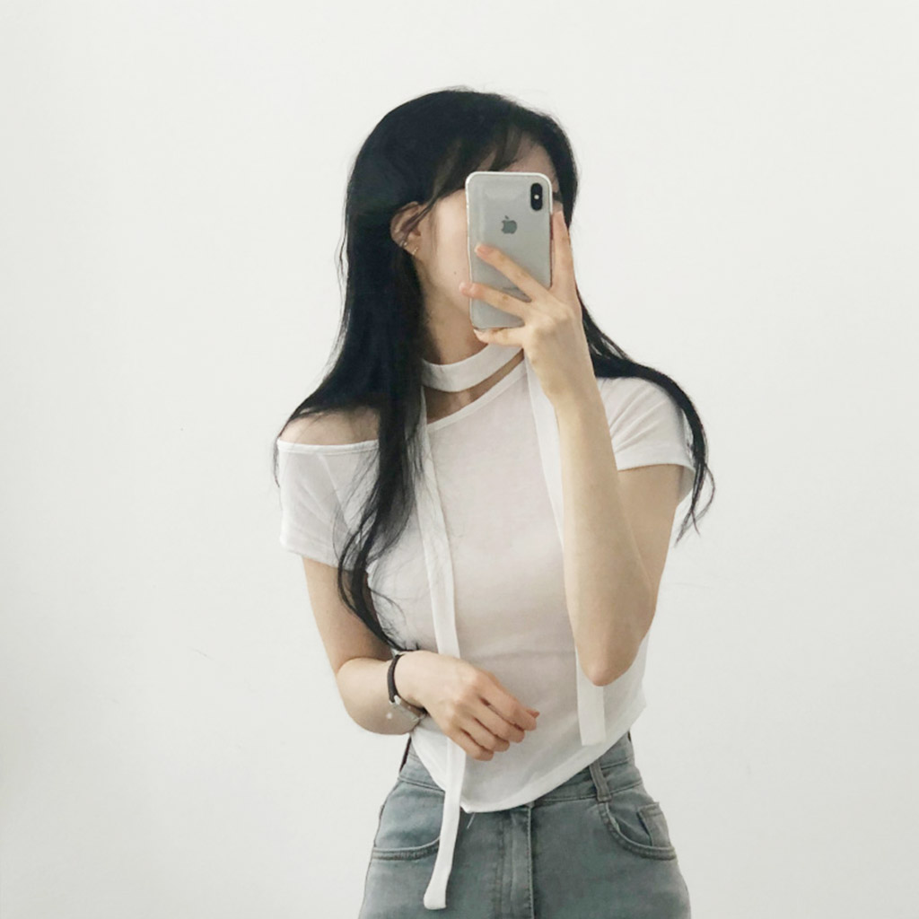 マフラーセット] 斜めストライプクロップド半袖Tシャツ