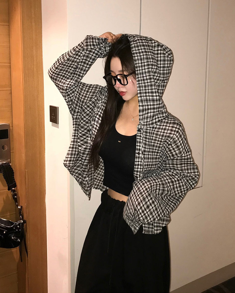 [original] フード付き、サマーチェックシャツ