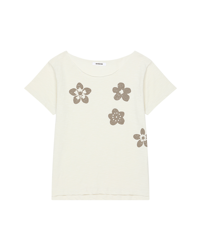 VINTAGE FLOWER SCOOP NECK T-SHIRT, BEIGE