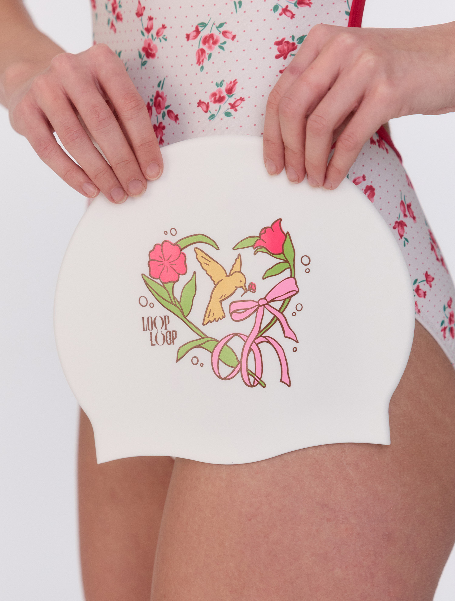 [Flower Bird_red] Silicone Swim Cap