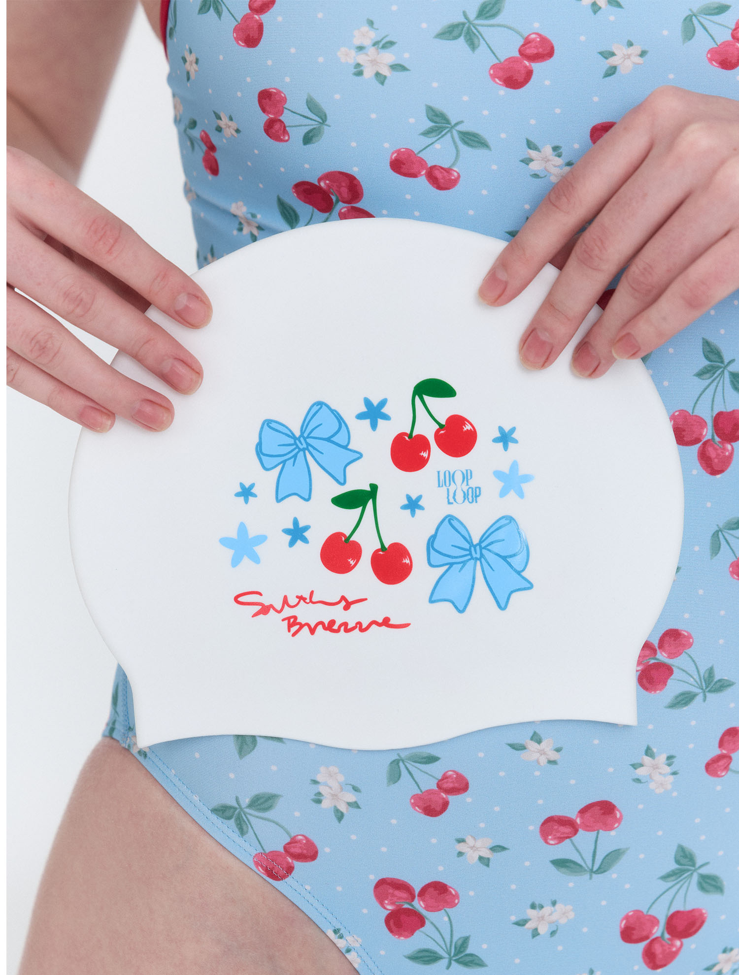 [Ribbon Cherry_blue] Silicone Swim Cap