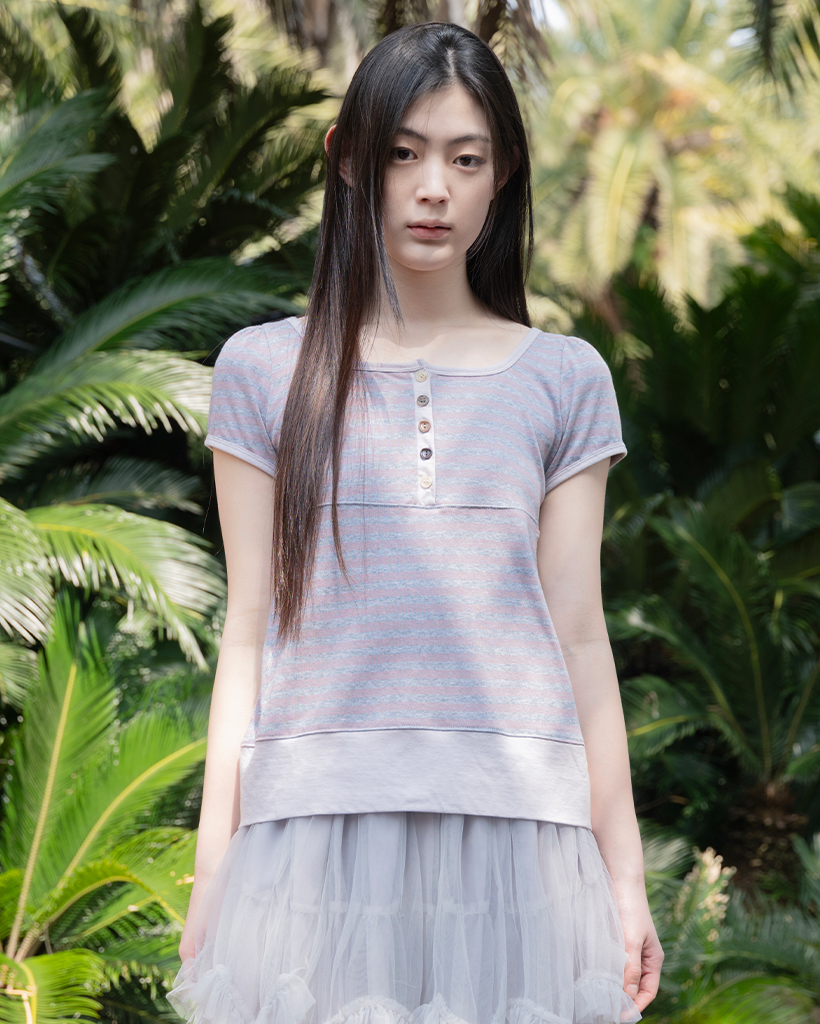 SQUARE NECK JERSEY BLOUSE, LAVENDER STRIPE