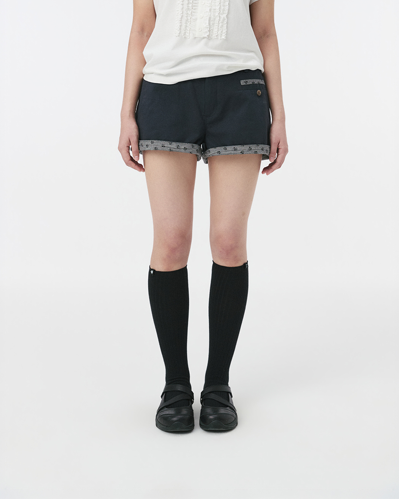FLORAL DETAIL COTTON SHORTS, DEEP NAVY