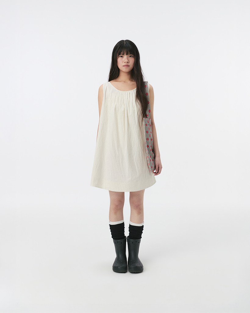BABYDOLL PINTUCK MINI DRESS, CREAM STRIPE