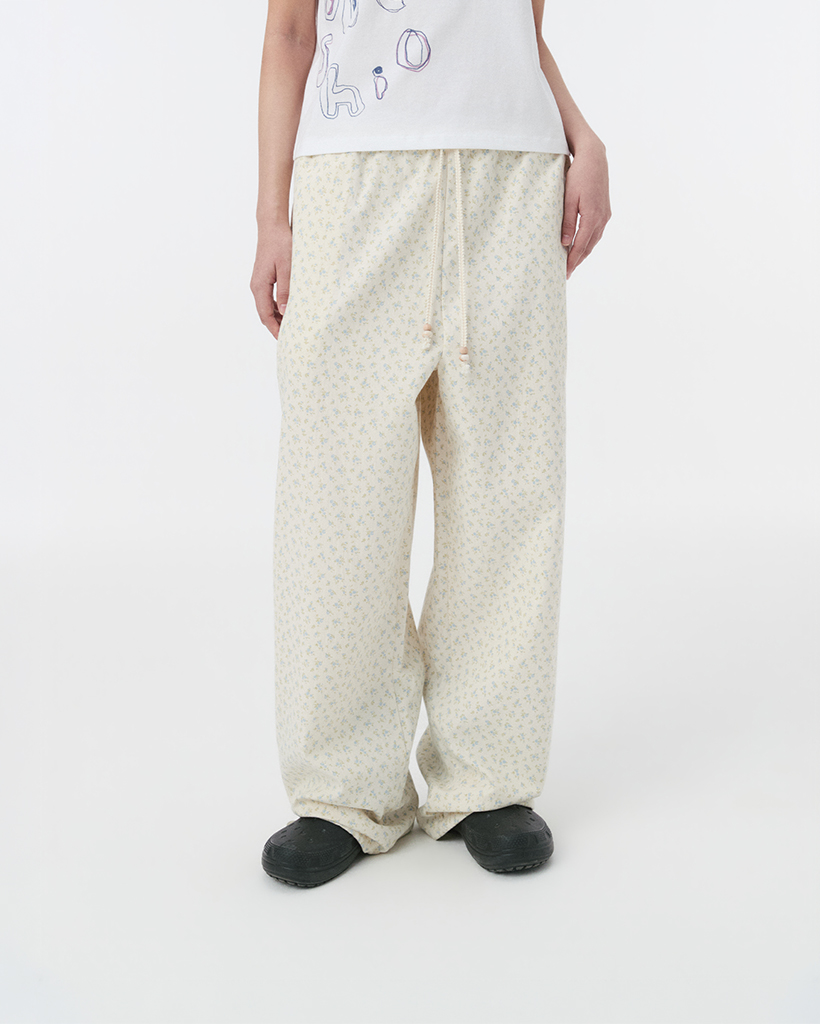 FLORAL WIDE BANDING PANTS, WHITE