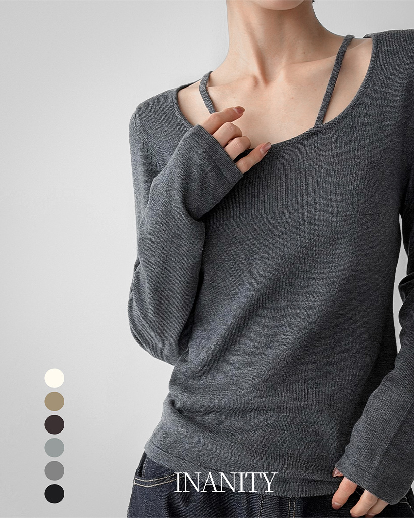 (5color) ストラップ ホルターネック クルーネック ニット Tシャツ トップス