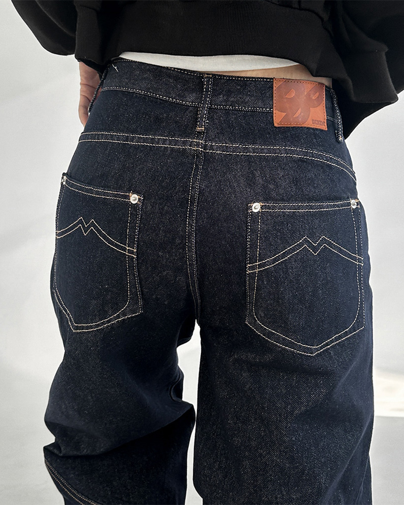 (UNISEX)リベットステッチワイドリジッドデニムパンツ